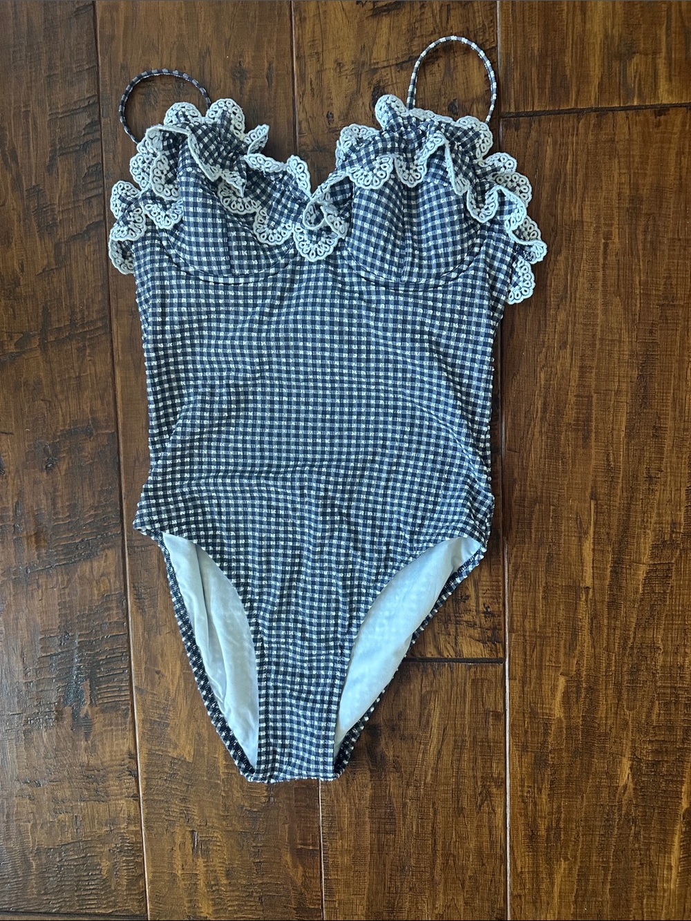 J. Crew Scalloped Eyelet Ruffle One Piece Swimsuit Textured Gingham in Navy - Picture 2 of 7